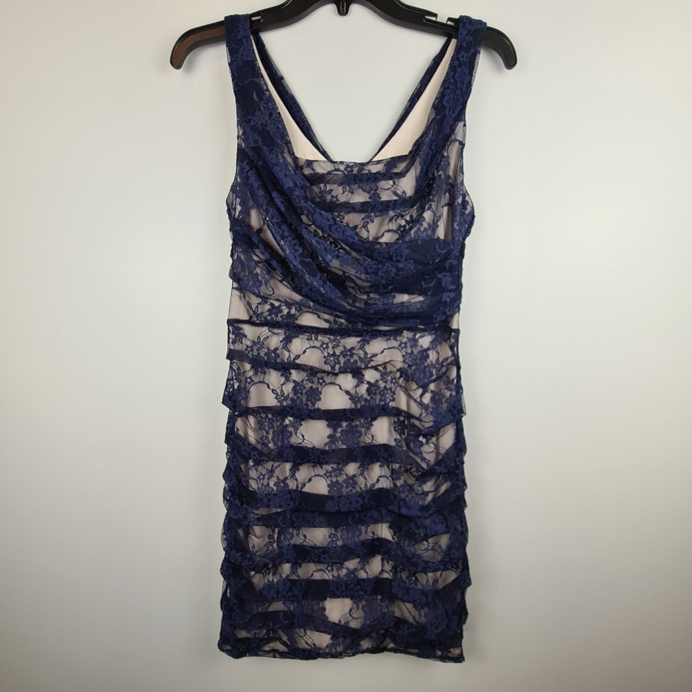 Express Navy Blue Floral Lace Ruched Bodycon Dress Size 4 Sleeveless V-Neck Mini